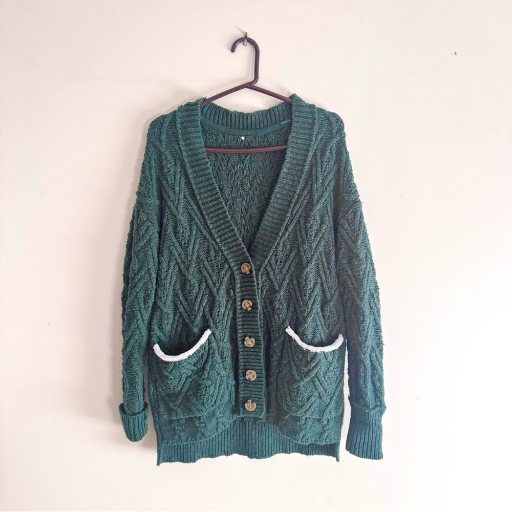 Free People Cable Knit Cardigan in Deepest Spruce - Size XS